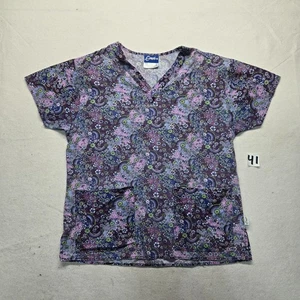 Crest Blue Cotton Button Scrub Purple Comfy V Neck Top Shirt Women's M Medium - Picture 1 of 9