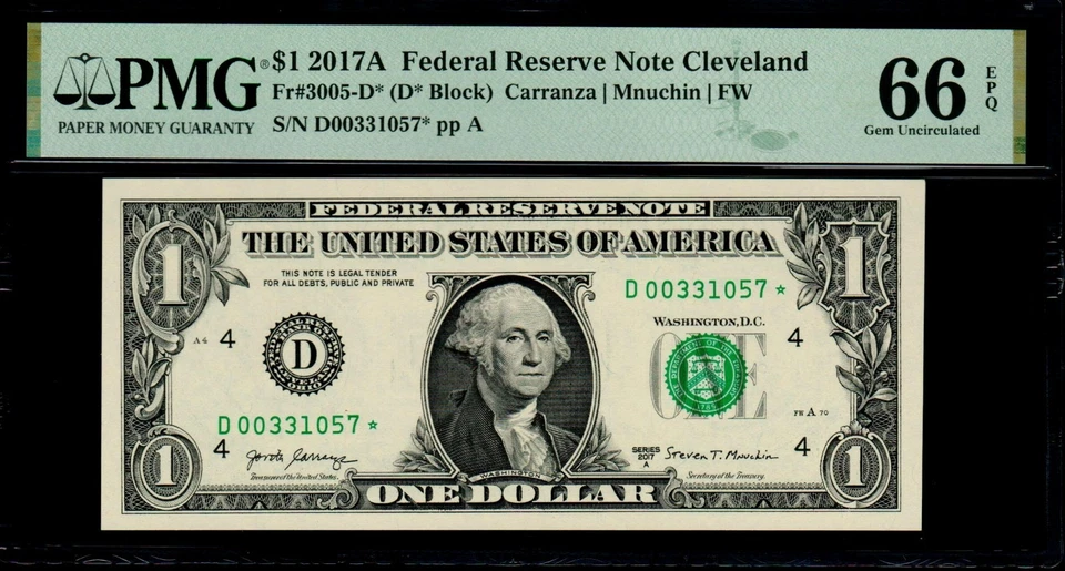 2017A $1 CLEVELAND STAR NOTE PMG 66 EPQ 500K Print Run Low Pop (5/1) Fr 3005-D* - Image 1 of 3