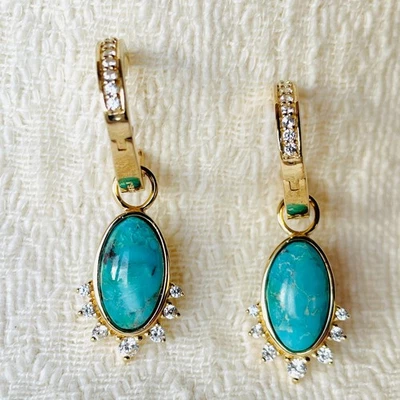 Yellow Gold Plated Silver, Turquoise Gemstone & CZ Dangle Earrings 8.5 grams-NEW - Image 1 of 4