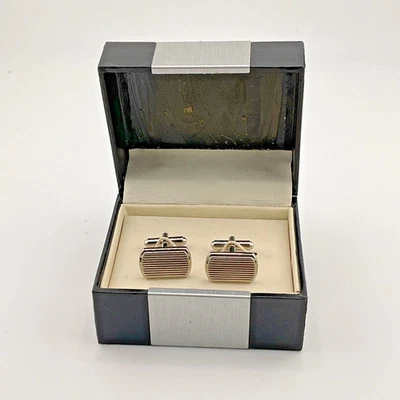 Geoffrey Beene Silver Tone Cufflinks Textured Line Polished Edge Design w Box - Image 1 of 2