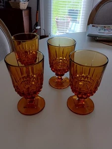 Vintage 4 Amber Gold Water Ice Tea Goblets Glass Glasses - Picture 1 of 9