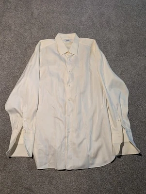 Brioni Shirt Mens 44 17 1/2 White Cotton Herringbone Dress French Cuff Italy  - Image 1 of 4