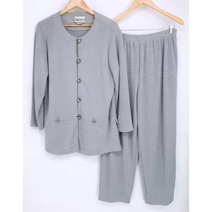 VTG 90s SL Fashions Womens Metallic Gray 2 Piece Pant Set Knit Jacket Size 16W - Picture 1 of 12