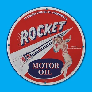VINTAGE ROCKET MOTOR OIL GAS STATION SERVICE MAN CAVE OIL PORCELAIN SIGN - Picture 1 of 1