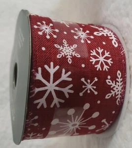 Place & Time decorative Wired Holiday Ribbon White Snowflakes on red burlap 8.3y - Picture 1 of 5
