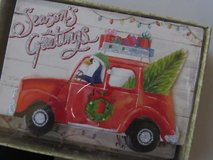 PUNCH STUDIO Christmas Greeting Cards New Pkg Glitter Penguin Red Vintage Car - Picture 1 of 5