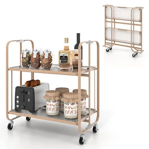 2-tier Foldable Kitchen Bar Cart Mobile Tempered Glass Serving Cart w/ Handle - Picture 1 of 11