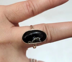 Unique Black Agate Stone Ring Size 9.25 Natural Gemstone in Sterling Silver - Picture 1 of 10