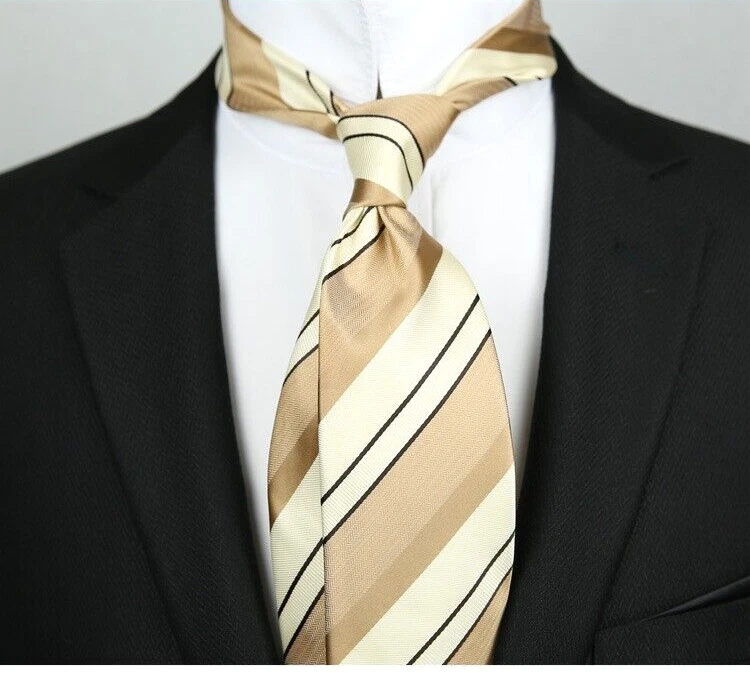New Classic Striped Brown Beige JACQUARD WOVEN 100% Silk Men's Necktie Tie - Image 1 of 1