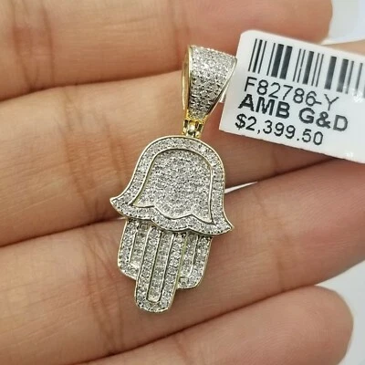 Pingente de berloque de mão Hamsa ouro amarelo 10k real diamantes genuínos 0,25 CT 1,2" de comprimento - Imagem 1 de 4