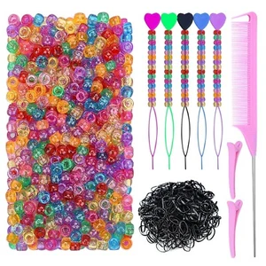 1008 Pcs Hair Beads Kit for Girls & Kids Hair Braids, 500Pcs 9x6mm Glitter Pony - Picture 1 of 8
