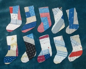10 PRIMITIVE ANTIQUE CUTTER QUILT STOCKINGS! BLUE RED WHITE, ETC., LOG CABIN! - Picture 1 of 1