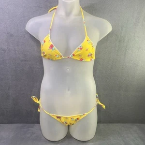 AGUA DOCE Brazilian 2-pc Bikini Size Medium Yellow Flowers Lace Trim Hip Tie - Bild 1 von 9