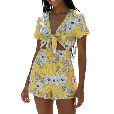 Exuberante Mameluco Mujer L Amarillo Blanco Floral Rayas 100% Algodón Recorte Playa Boho Foto 1 de 4