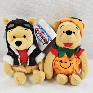 Disney Store Bean Bag Plush Pilot Winnie The Pooh & Halloween Pumpkin Pooh 8" - Picture 1 of 9