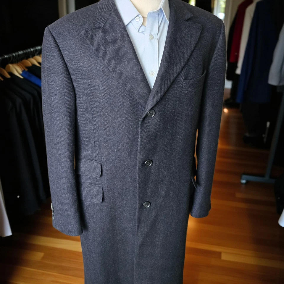 Hickey Freeman Peak Lapel Overcoat 44L Wool Cashmere Blue Herringbone Ticket Pkt - Image 1 of 4