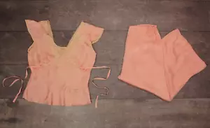 VTG Women's 40s Pink Silk & Lace Pajamas 2 Pc Set Sz L/XL 1940s Top & Pants PJs - Picture 1 of 23