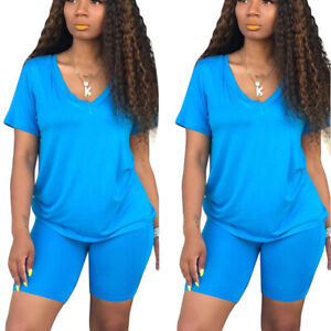 2Pcs Women Short Sleeves Solid Color Casual Club Bodycon Stretch Short Pants Set
