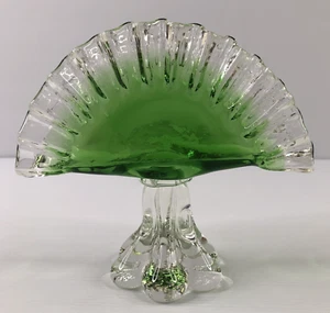 Vintage Murano Glass Green & Clear Ruffled Fan Napkin Holder - Bild 1 von 8