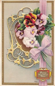 Pansy Flower Greeting Card Thoughts of Thee early 1900's beautiful embossed - Picture 1 of 2