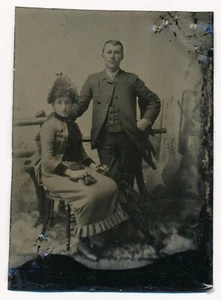 Man and Woman With Bonnet Shaped Hat Tintype Photo Pretty Lady 2.5 x 3.5 Inches - Picture 1 of 2