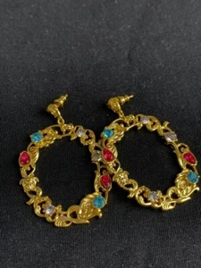 Versace Gold Multicolour Stone Hoop Earrings - Picture 1 of 9
