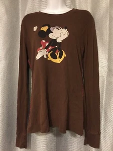 VGUC DISNEYLAND RESORT MINNIE MOUSE WAFFLE KNIT RETRO SHIRT BROWN LONG SLEEVE L - Picture 1 of 9
