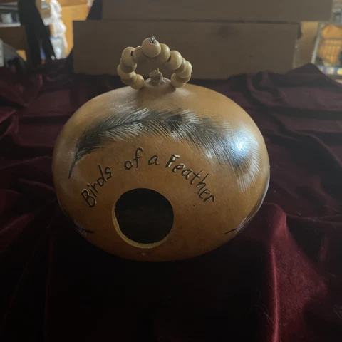 Hand Painted Gourd Birdhouse “Birds Of A Feather” Wood Bead Hanger Signed ! Cover