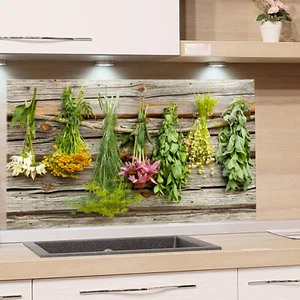 Pared trasera de cocina estufa de vidrio aspecto de madera hierbas protección contra salpicaduras fregadero de cocina imagen de vidrio - Imagen 1 de 6