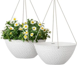 Modern 2 Pack Hanging Planters Flower Pots W/ Drain Holes Indoor Outdoor White - Picture 1 of 8
