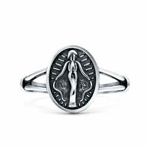 Miraculous Medal Oxidized Band Solid 925 Sterling Silver Thumb Ring (13mm)