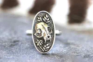 Sterling Silver Skull Ring Cat Skull Ring Silver Skull Ring Women Witch Ring gif - Picture 1 of 10