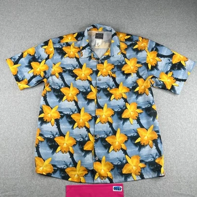 Camisa Mercurio Grande Azul Dorado Floral Hawaiana Abotonada Manga Corta Para Hombre Foto 1 de 4