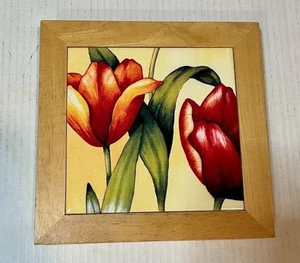 Wood Trim Tile Painted Tulip Yellow Red Trivet Hangable Cottagecore Boho Decor - Picture 1 of 2