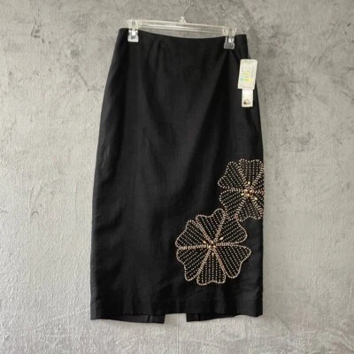 Black Linen Beaded Pencil Skirt 4 Minimalist Artsy Quiet Luxury Office Chic - Image 1 of 4