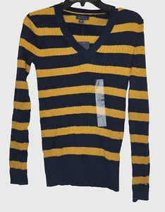 Tommy Hilfiger Sweater Women's Small Yellow Navy Striped V-Neck Pullover NWT - Picture 1 of 5