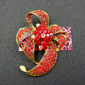 New Betsey Johnson Red Crystal Rhinestone Exquisite Bowknot Charm Brooch Pin 