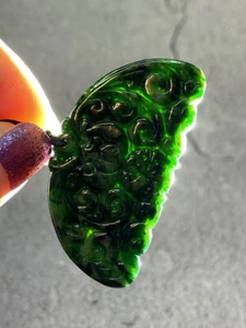 Grade A 100% Natural Green Jadeite Bat Jade Lucky Pendant / Necklace #J0211 花青福牌 - Picture 1 of 5