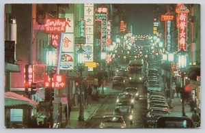 Cartolina scena Chinatown at Night San Francisco California CA anni 50-60 c - Foto 1 di 2