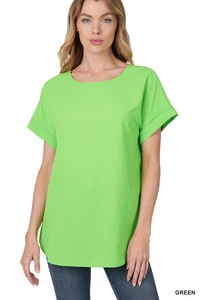 Zenana Women's Round Neck Heavy Woven Boat Neck Rolled Short Sleeve Blouse Top