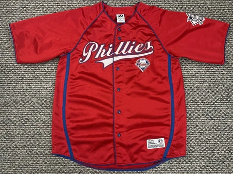 Philadelphia Phillies Jersey Mens Large MLB Baseball Red Button Dynasty Series Cover