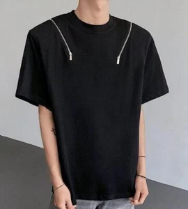 T-shirt casual chic uomo giovane manica corta zip sciolta chic decorazione metallo - Foto 1 di 5