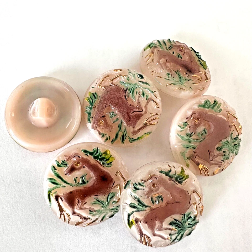 SL331 VINTAGE Czech glass buttons 23mm beige green gold deer shank back (6) - Image 1 of 1