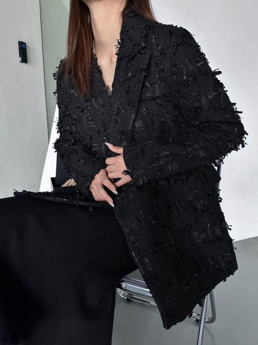 OFF WHITE Giacca tuta donna primavera nuova media sciolta lana testurizzata con frange grossolane tg