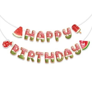 Watermelon Birthday Banner Pre-strung Summer Happy Birthday Banner Watermelon... - Picture 1 of 7