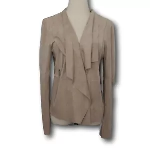 BAGATELLE (L) Draped Front Faux Suede Jacket Zippered Pockets Beige - Picture 1 of 4