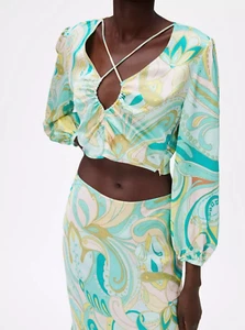 BNWT ZARA SEA GREEN 70s PRINTED RETRO HOLLY CROP TOP BLOUSE M UK 10 12 BLOGGERS - Picture 1 of 7