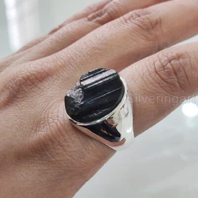 ROUGH BLACK TOURMALINE GEMSTONE 925 STERLING SILVER SOLID SIMPLE HEAVY MANS RING - Image 1 of 4