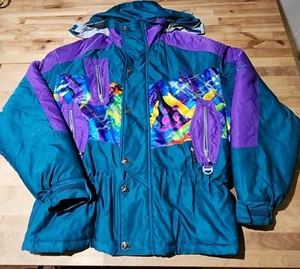Vintage Asics Winter Jacket Meduim Blue Purple Color Block Hooded Lined - Picture 1 of 7