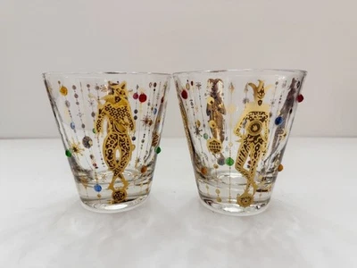Two (2) Culver Jeweled Mardi Gras Lowball Tumbler Glasses Harlequin Jesters 4" - Image 1 of 4